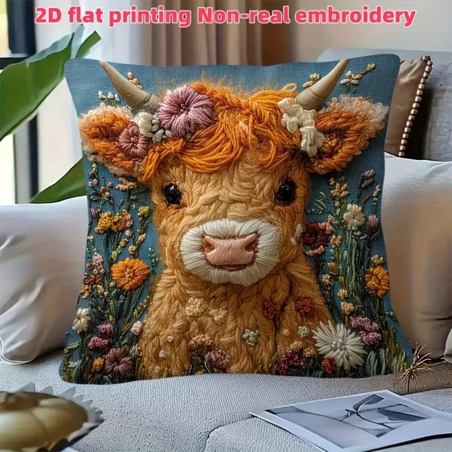Pillow Insert 18X18 - ヴィンテージハイランドカウ装飾枕カバー1枚、2D刺繍風プリント、18×18インチ、プラッシュ生地、ジッパー付き、かわいいハイランドカーフ、リビングルームのソファ装飾用、枕芯は含まれていません。