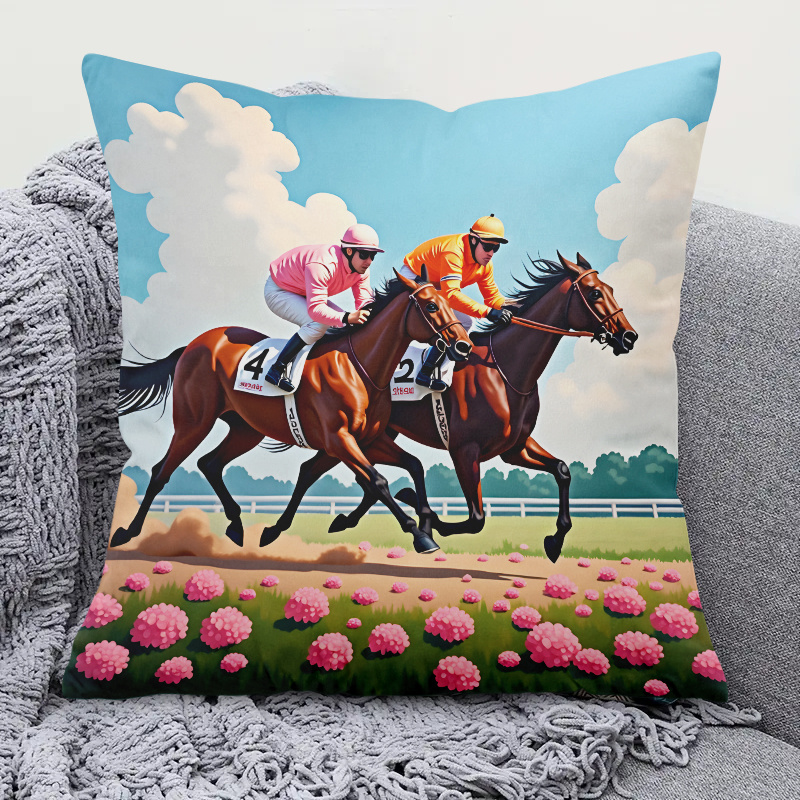 Pillow Insert 18X18 - 1ピース競馬枕カバー 18x18インチ – ジョッキー＆競馬プリント、コットンポリ素材、隠しジッパー、洗濯機洗い可能、インサートなし
