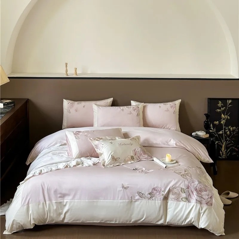 Home Textiles Premium - プレミアムegyptianコットン寝具セット,花の刺embroidery,liac,白いパッチワーク,掛け布団カバー,フラット,シーツ,枕カバー,4個