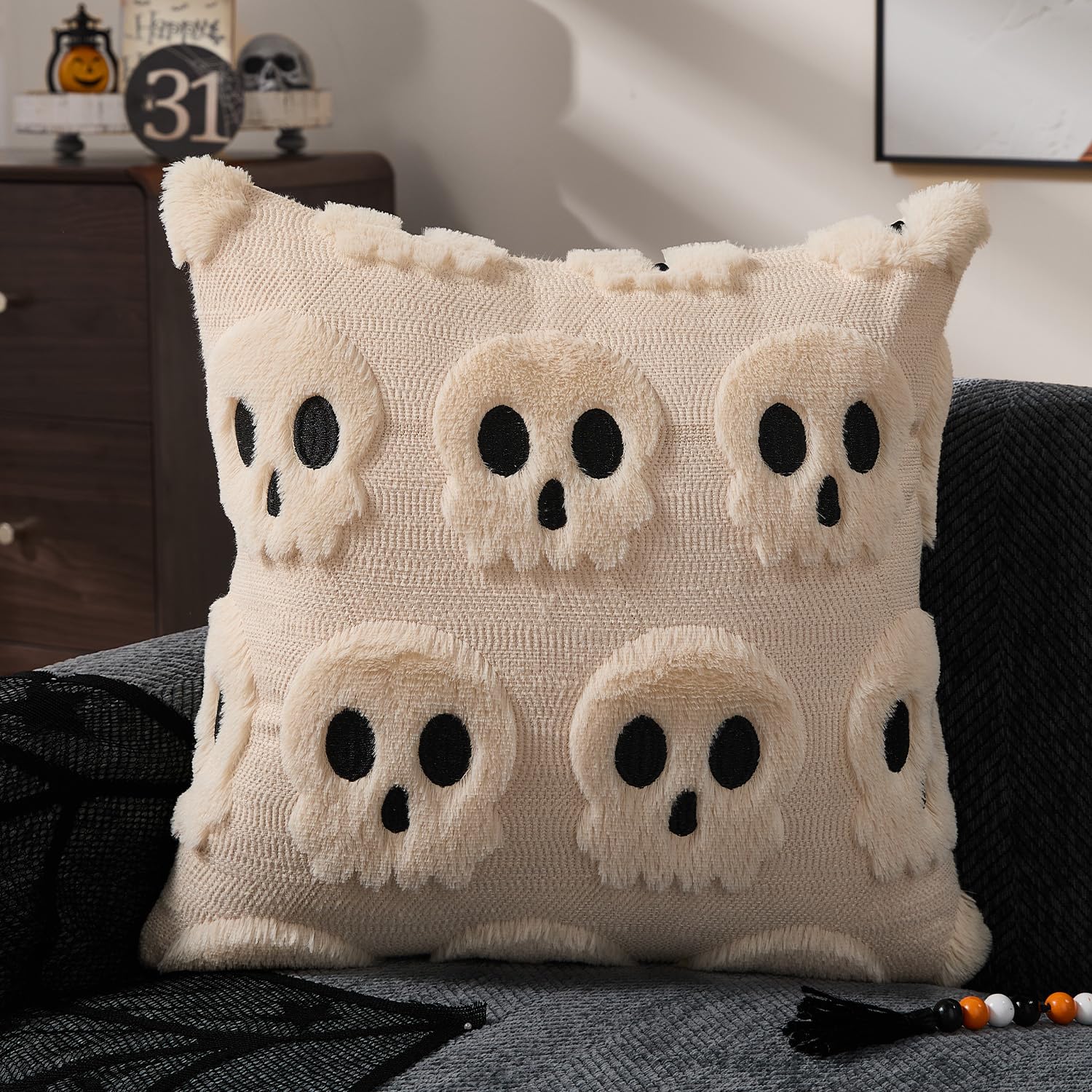 ハロウィン枕カバー 18x18 インチ ベージュ スケルトン - Pillow Insert 18X18 のレビューと価格