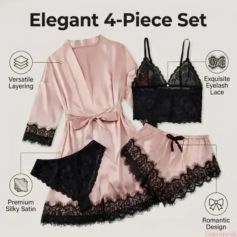 レディース サテンパジャマ4点セット - 半袖、セクシー、柔 - Home Textile のレビューと価格