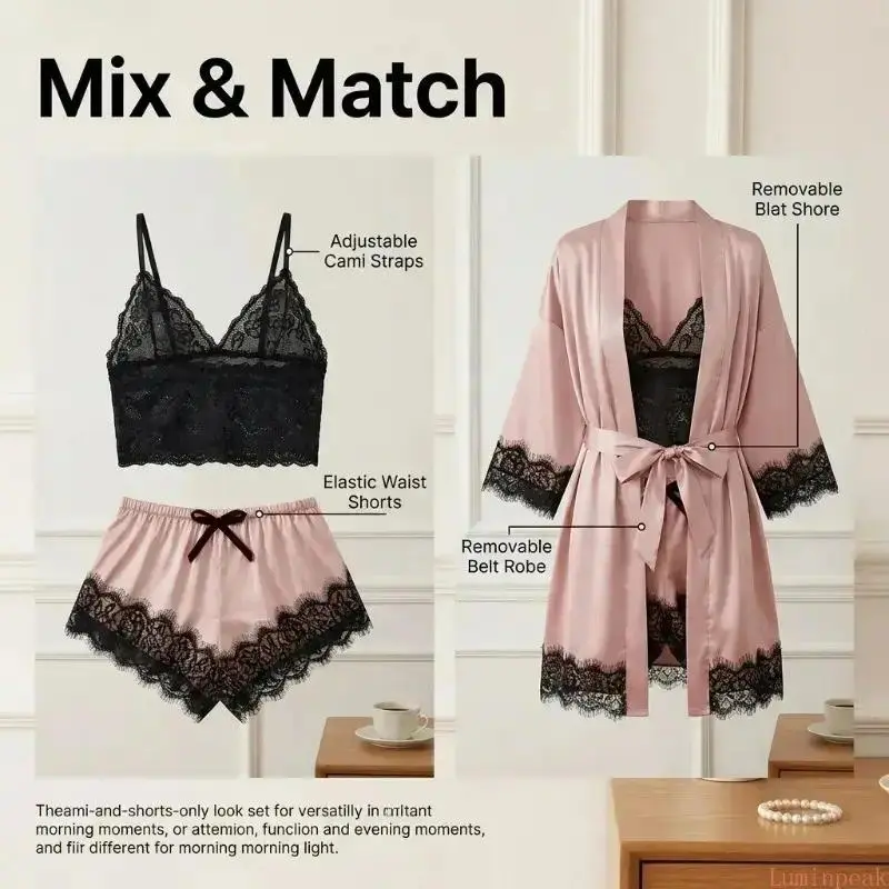 レディース サテンパジャマ4点セット - 半袖、セクシー、柔 - Home Textile のレビューと価格