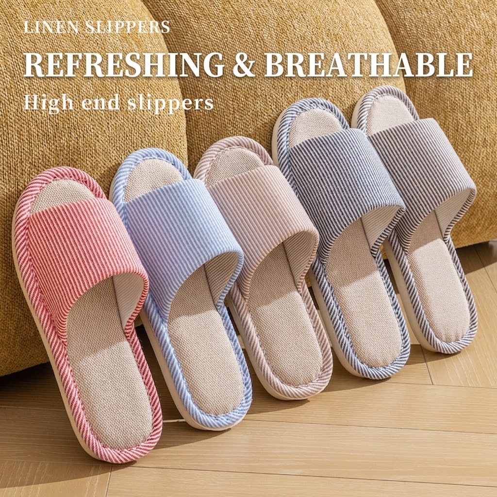 通気性のあるリネン製スリッパ 男女兼用 ストライプ柄 オープ - Home Textile のレビューと価格