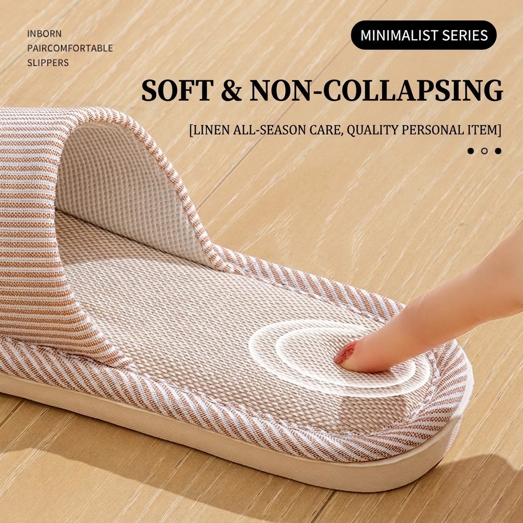 通気性のあるリネン製スリッパ 男女兼用 ストライプ柄 オープ - Home Textile のレビューと価格